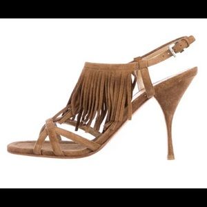 Prada Brown Suede Fringe Heels Sandals 7.5